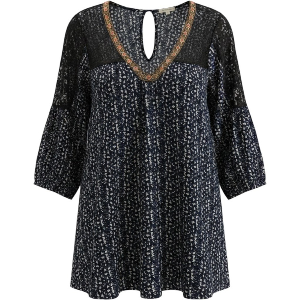 Kori America Navy Blue White Lace Trim Boho V-Neck Blouse Medium
